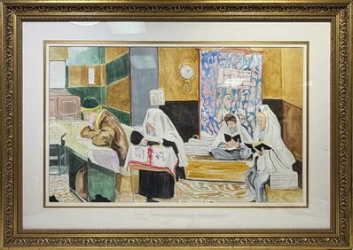 Jewish Rabbis Studying Scene Watercolor Painting