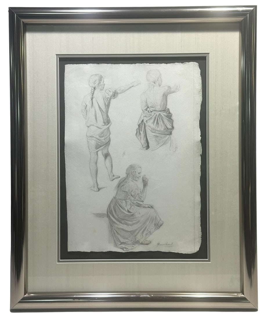 Heinrich Hasselhorst Female Study Drawing on Paper: Heinrich Hasselhorst (German, 1825 - 1904) graphite drawing on paper depicting three studies of a young woman in various poses. Two of the figures are drawn from behind in standing poses, while the