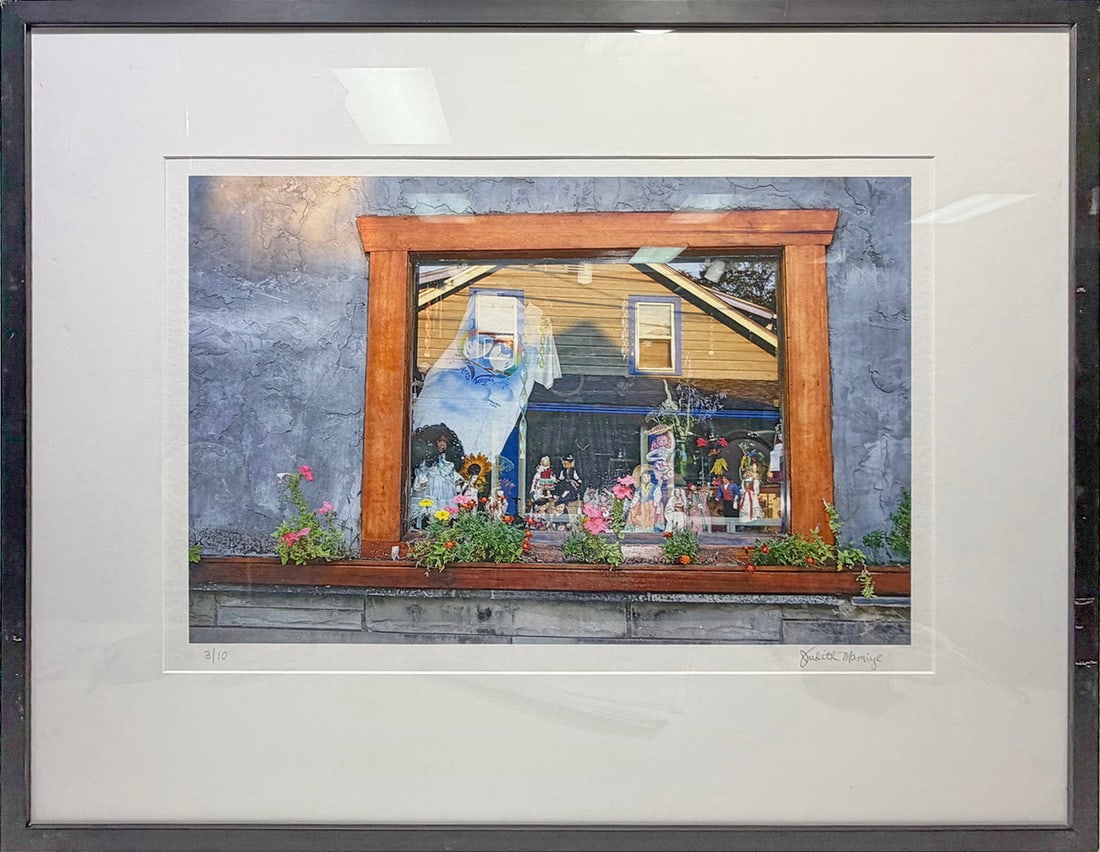 Signed Judith Mamiye Photo Print 3/10 Edition: Judith Mamiye vibrant color photographic print depicting a whimsical storefront window filled with dolls, figurines, and florals, with layered reflections. Hand-signed in pencil and numbered