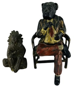 Bronze Bulldog Cigar Smoker & Indian Chief Bust 2p