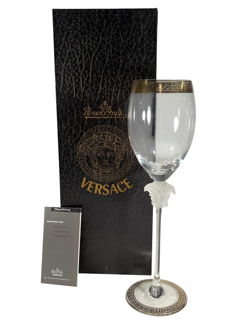 Rosenthal Versace Medusa D'Or White Wine Glass: Elegant Rosenthal for Versace Medusa d?Or white wine glass, featuring a frosted Medusa head stem and gilt Greek key meander trim at the rim and foot. Studio Linie. Etched base reads Rosenthal