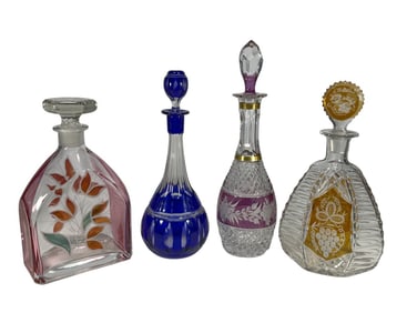 Blue, Amber & Pink Clear Crystal Decanters 4pc LOT