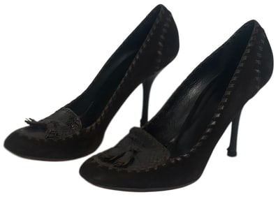 Gucci Brown Suede & Snakeskin Tassel Pumps sz 9.5