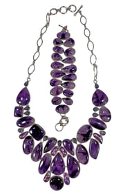 Sterling 925 & Amethyst Necklace & Bracelet 2pcs