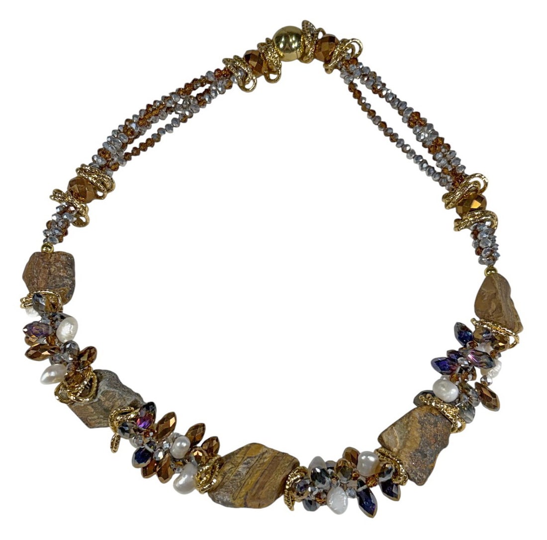 Tiger's Eye Natural Mix Statement Choker Necklace: Statement necklace with tiger's eye chunks, freshwater pearls, and faceted glass beads in amber and smoky tones, finished with gold tone spacers and a magnetic gold tone ball clasp. The necklace