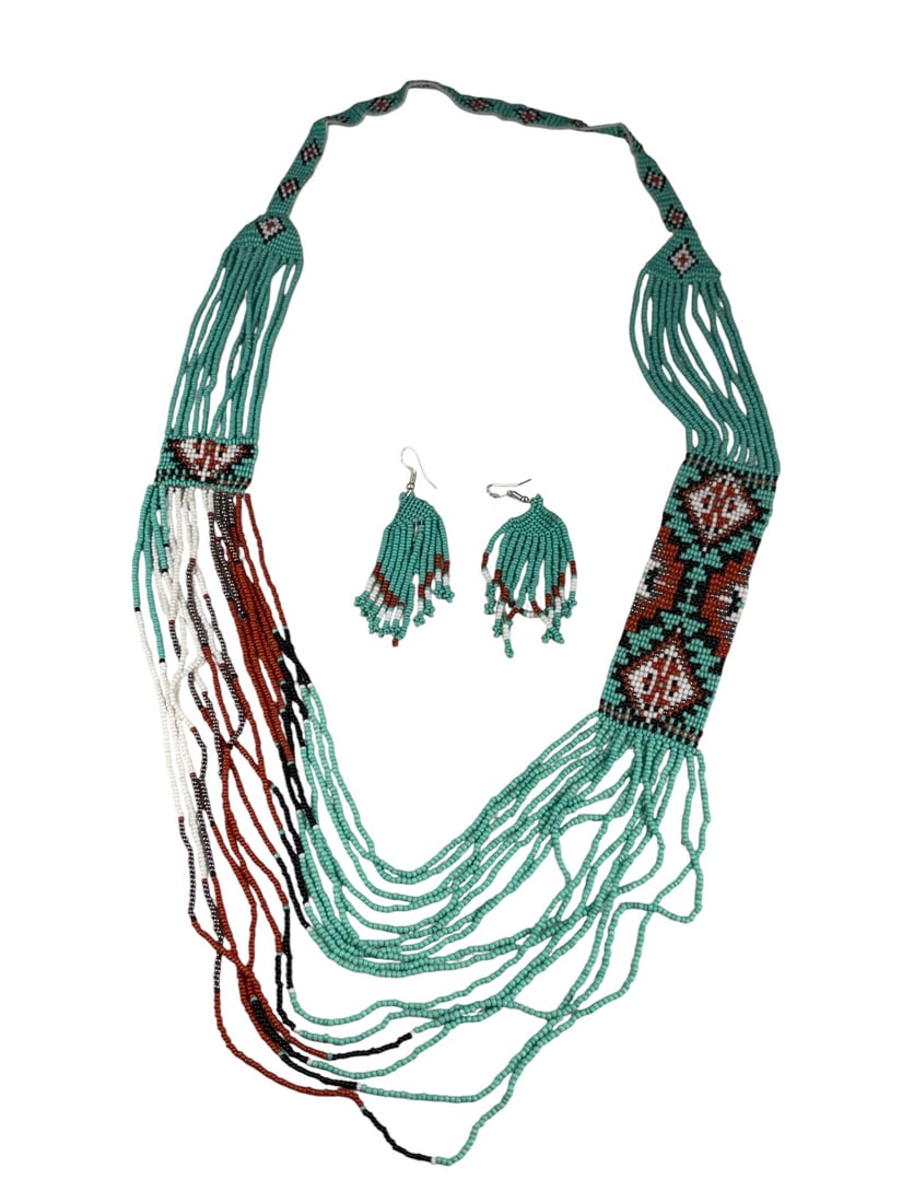 Native Navajo Turquoise Coral Necklace & Earings: Native American style beaded necklace and earring set in Navajo manner, with turquoise, red, white, silver, and black seed beads, fringe necklace, and matching drop earrings. The necklace measures 38