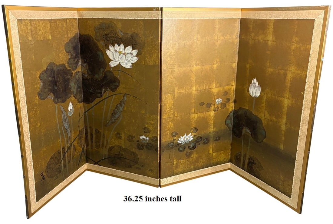 Japanese Byobu Painted 4 Panels Folding Screen: Japanese four-panel Byobu folding screen hand-painted with white lotus flowers on a gold-leaf ground, signed with red seal, with patterned textile backing and gold-toned frame. Measures approximately