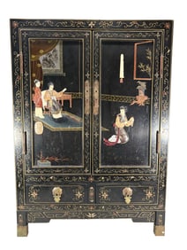 Chinese Black Lacquer Natural Stone Inlaid Cabinet