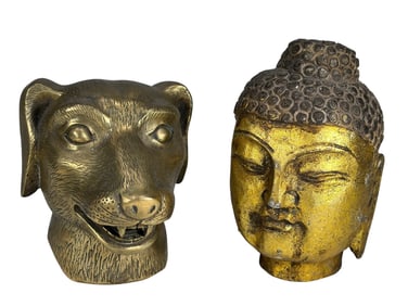 Chinese Zodiac Dog Bronze & Stone Buddha Heads