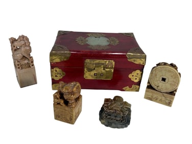 Chinese Jade Box & Carved Stone Objects 5pc LOT