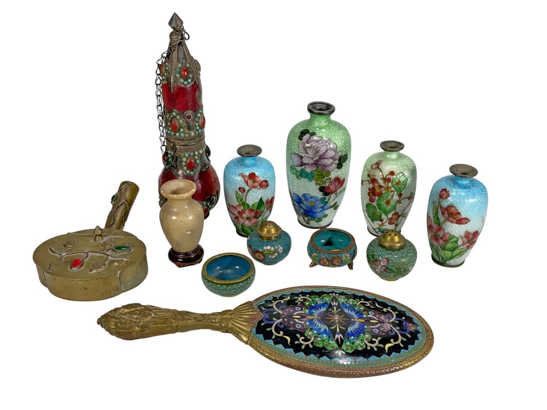 Cloisonne Enamel & Bronze Objects 12pc LOT: Assorted group of Chinese cloisonne enamel and bronze decorative objects with floral decoration in mixed forms and finishes. The largest measures approximately 8 inches tall by 2.5 inches wide by 2.5