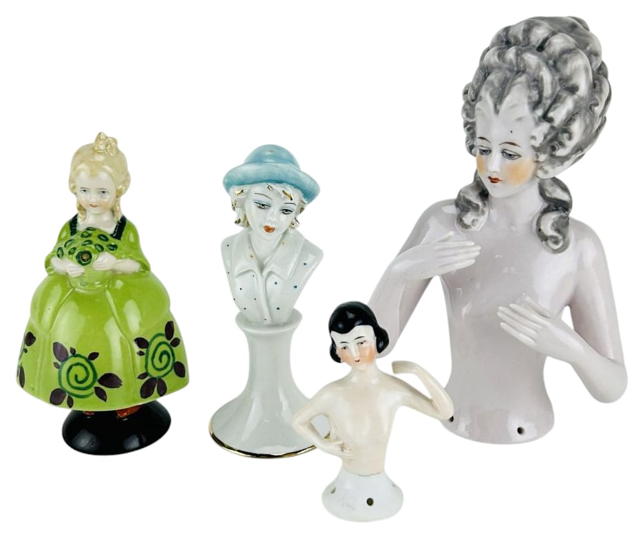 Art Deco Porcelain Half Dolls & Figural Bell 4pcs: Assembled group of four porcelain figural pieces including three half dolls and one bell form figure. Includes a continental porcelain half doll with molded powdered wig hairstyle and delicately