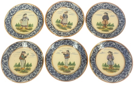 HB Quimper Hand-Painted Faience Plates 6pc SET