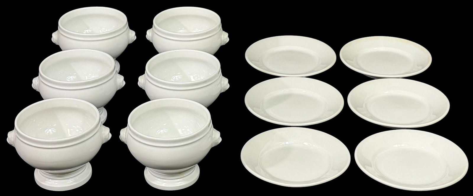 Pillivuyt French White Porcelain Soups 12pc SET: Service for six, Pillivuyt French porcelain soup tureen set. This elegant 12-piece set includes six lion?s head pedestal soup bowls paired with six matching underplates. Every piece retains its stamp