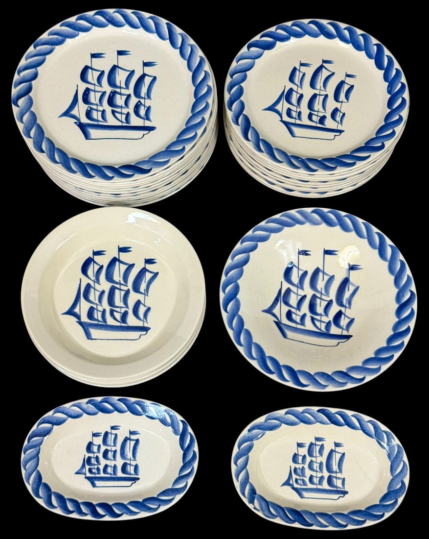 Atelier Primavera 'Le Corsaire' Pottery 30pc SET: Thirty-piece, Atelier Primavera 'Le Corsaire' pottery dinnerware set. Hand-painted with a French nautical deco-style blue ship motif framed by a bold rope border. Every piece retains its stamp mark un