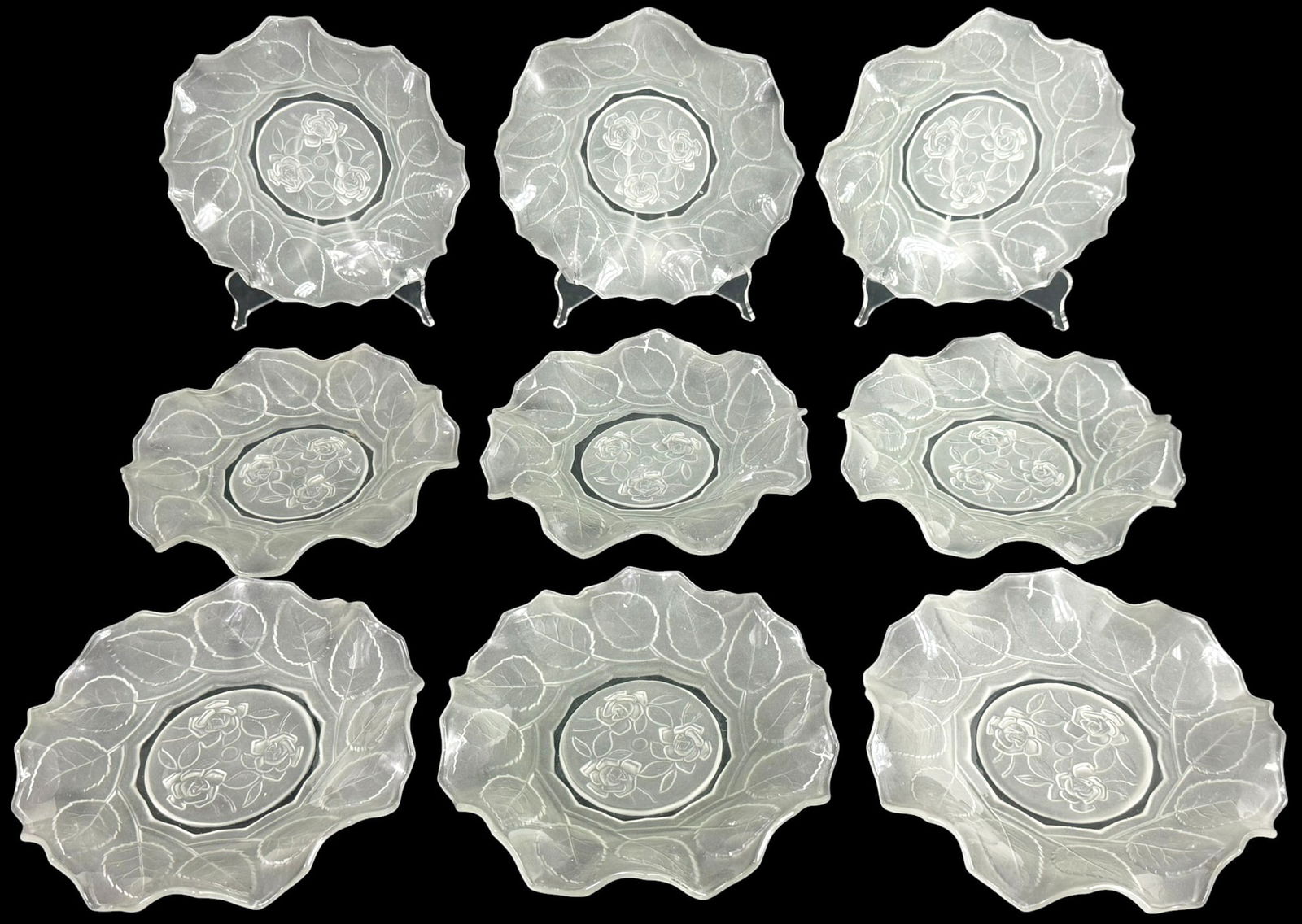 9pc Art Deco Style Frosted Art Glass Floral Plates (1 of 5)
