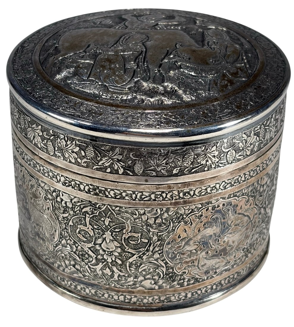 Vintage Persian 875 or 900 Silver Lidded Box: Persian hand-chased silver lidded box with a figural scene on the lid and richly decorated body featuring animals, birds, and floral arabesques in deep relief. Stamped with Persian silver hallmarks, l