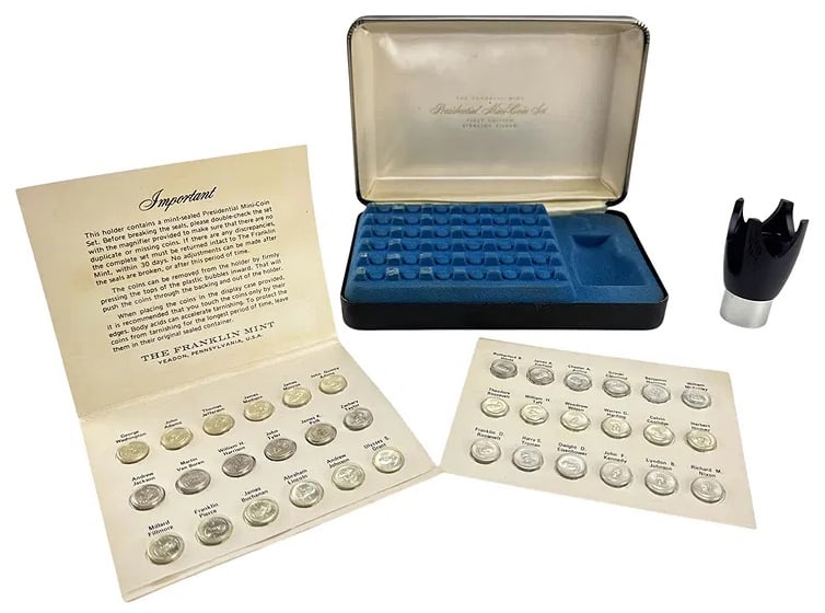 Franklin Mint Sterling Presidential Mini Coin Set: Franklin Mint, a complete First Edition set of 36 sterling silver mini-coins depicting U.S. Presidents from Washington to Nixon. Coins are mint sealed in capsules, housed in original fitted display