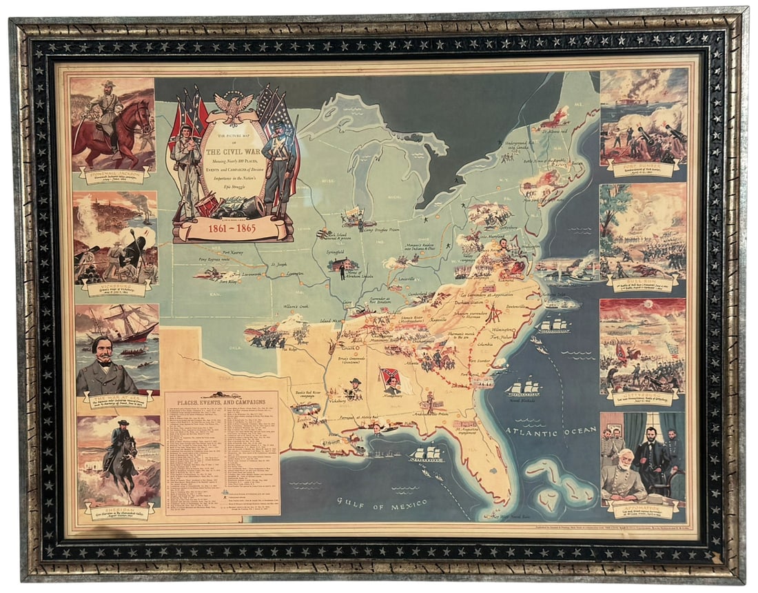Grosset & Dunlap Illustrated Map of the Civil War: Illustrated and historically detailed framed 'Picture Map of the Civil War'. Published by Grosset & Dunlap, New York in conjunction with The Civil War by Otto Eisenschiml, Ralph Newman, and E. B.