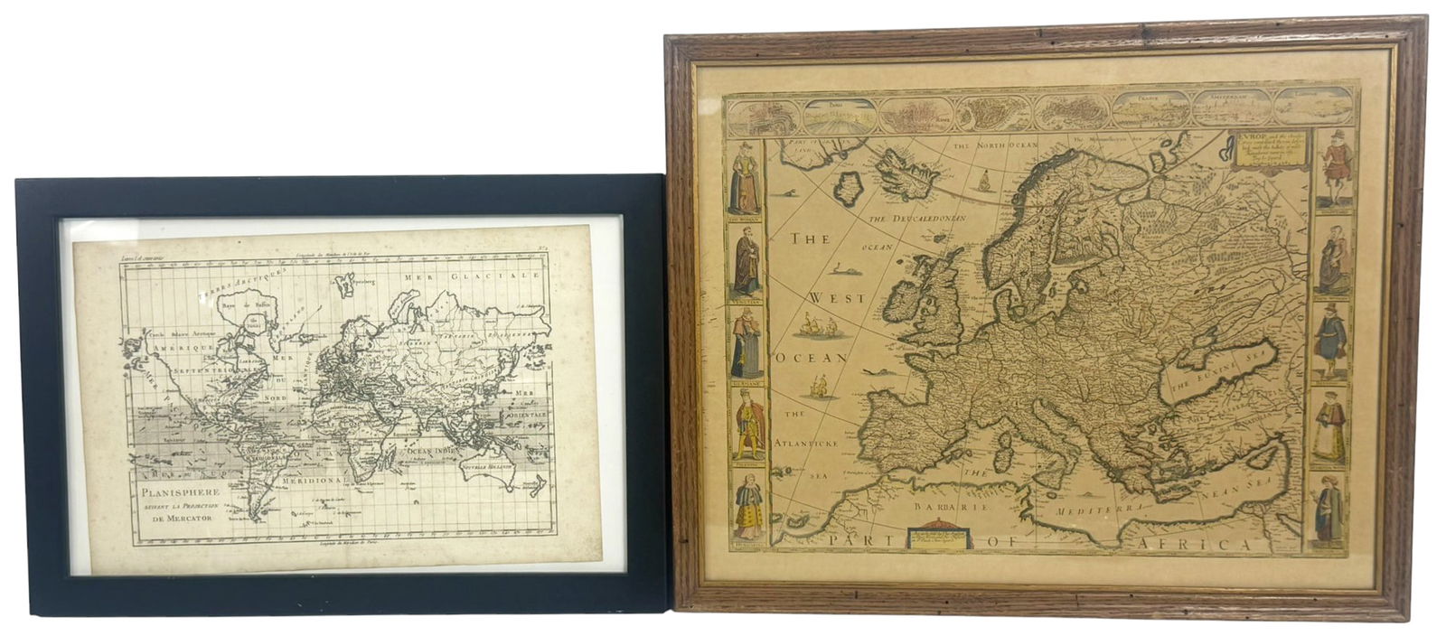 2 Antique-Style Maps: Mercator Projection & Europe: Lot of two framed maps including a vintage reproduction of a 17th-century European map by John Speed and a world map printed in French, labeled 'Planisphere suivant la Projection de Mercator.' The