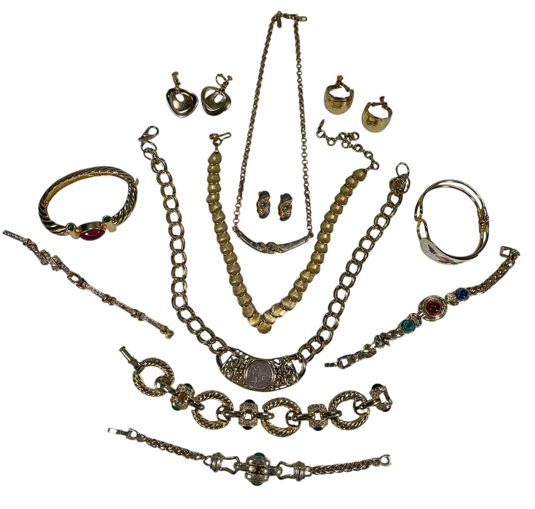 Necklaces, Bracelets Costume Jewelry 15pc LOT: Attractive 15-piece costume jewelry lot with gold-tone necklaces, bracelets, bangles, and earrings, including enameled pieces, coin accents, textured links, and faux gemstone statement styles. The