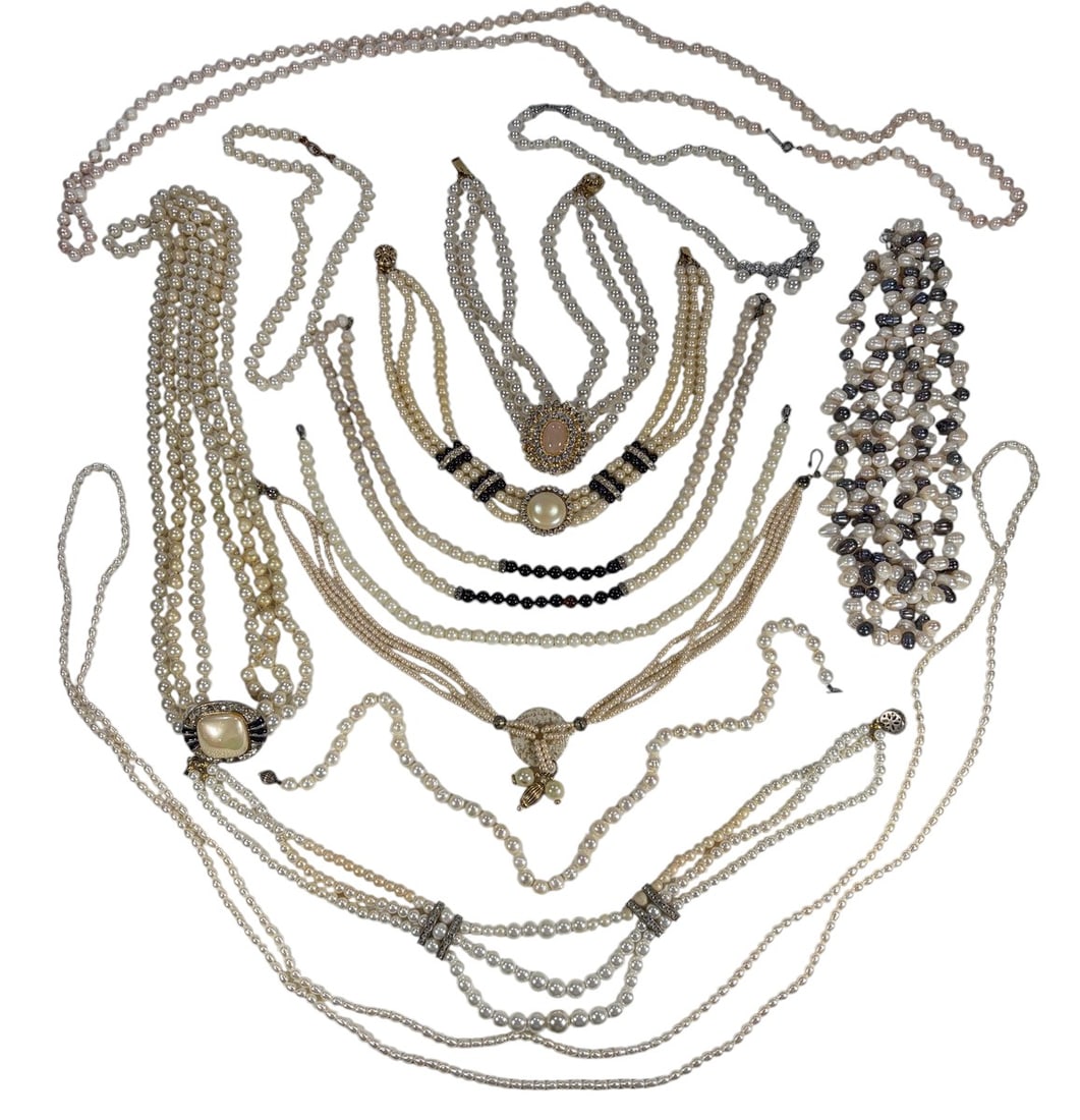 Assorted Necklaces Costume Jewelry 13pc LOT: Elegant 13-piece costume jewelry necklace lot, primarily faux pearl styles including multi-strand chokers and long strands in assorted colors, with decorative clasps and embellished accents. The