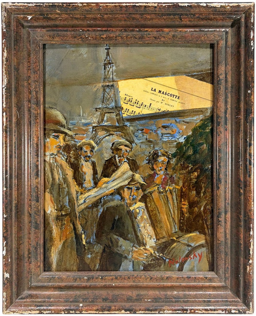 Oil Painting on Canvas on Board Signed Nolensky: Mid-century oil painting on canvas laid to board depicting Parisian street musicians beneath the Eiffel Tower, with a 'La Mascotte' sheet music motif overhead. Signed to the lower right.Work Size: 15.