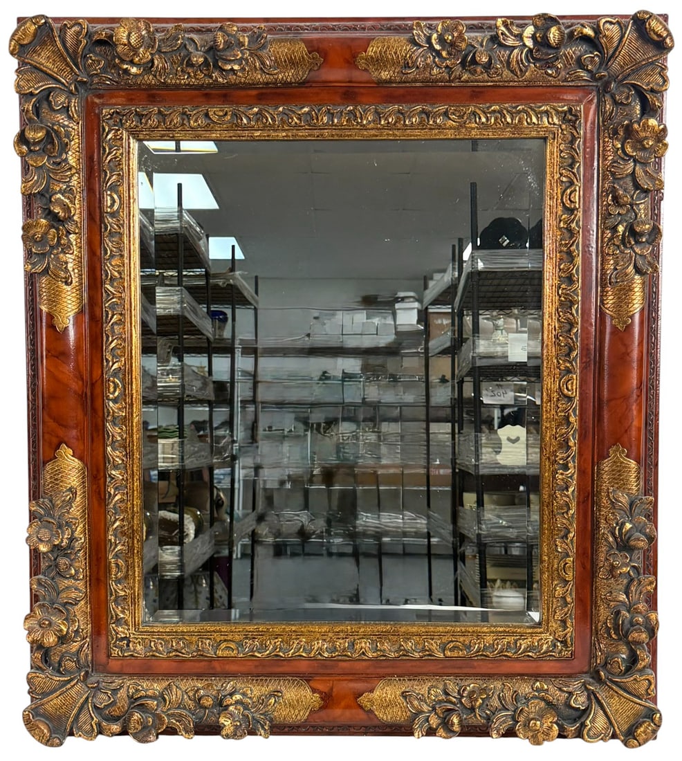 Gilt Baroque-Style Hallway Wall Mirror: Large rectangular wall mirror featuring an ornate Baroque-style frame finished in antique gold. The molded resin or wood-composite frame is richly decorated with scrollwork, floral motifs, and shell a