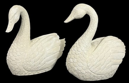 Large Hand-Carved Whitewashed Wood Swan Sculptures