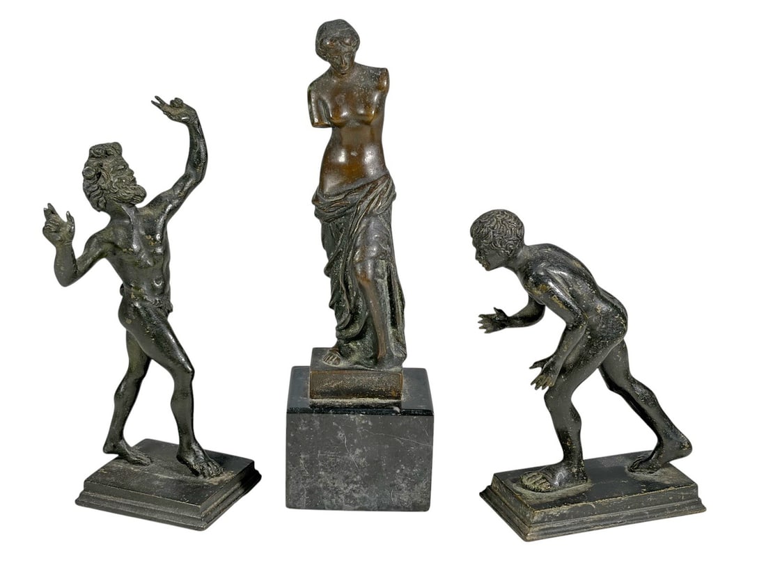 Venus de Milo, Athlete & Faun Bronzes 3pc LOT: Lot of three patinated bronze figures inspired by Greco-Roman models, including Venus de Milo on a black marble plinth, a running athlete, and a dancing faun, in a Grand Tour or classical revival