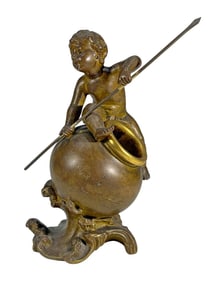 Antique Boy Fishing Gilt Spelter Inkwell SIGNED