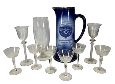 Masonic Thomas Maddock Jug & Glasses 10pc LOT