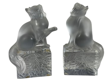 Lalique Frosted Crystal Cat Paperweights 2pc LOT
