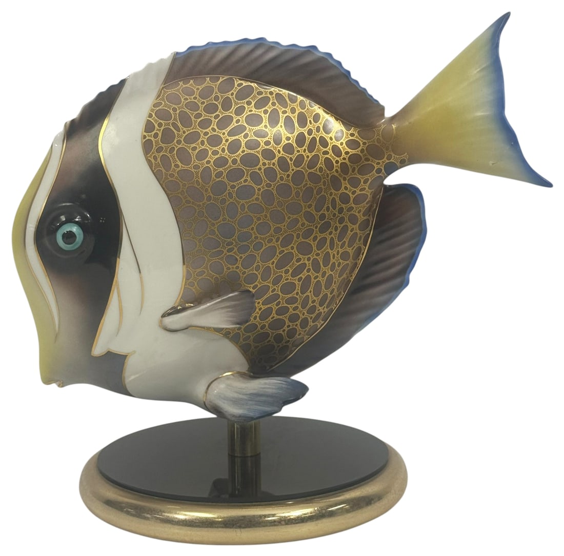 Fine Art Lamps Enamel Tropical Fish Sculpture: Fine Art Lamps (Hialeah, Florida) tropical fish art glass sculpture. Crafted with richly colored enameled surfaces, creating a lifelike and elegant representation of an exotic reef fish. Mounted on a