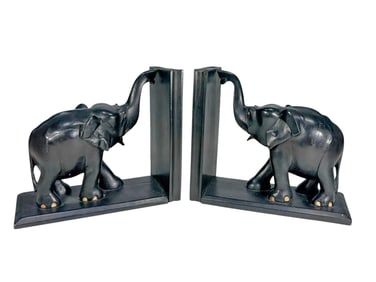 Pair VTG Carved Ebony & Bone Elephant Bookends