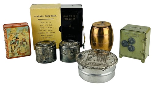 Tin, Silverplate and Metal Novelty Coin Banks 7pc