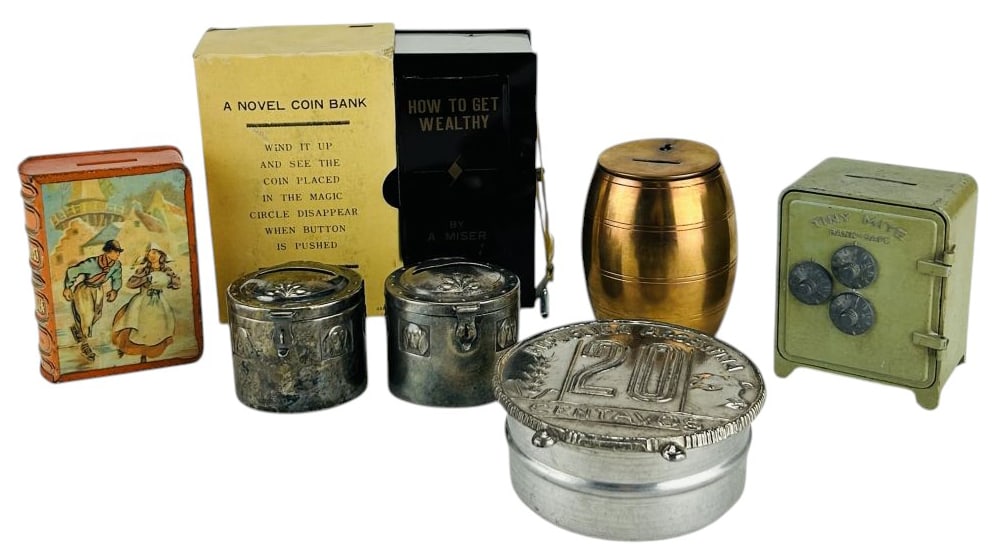 Tin, Silverplate and Metal Novelty Coin Banks 7pc (1 of 13)