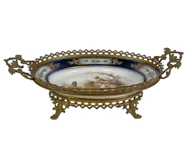 Antique French Porcelain Tray w Gilt Bronze Mounts