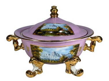 German-Style Pink Porcelain & Gilt Covered Tureen