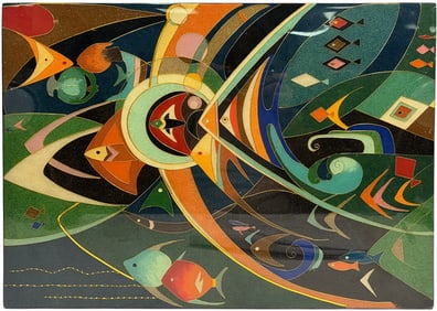 Mid Century Fish Enamel & Brass Inlaid Wall Panel