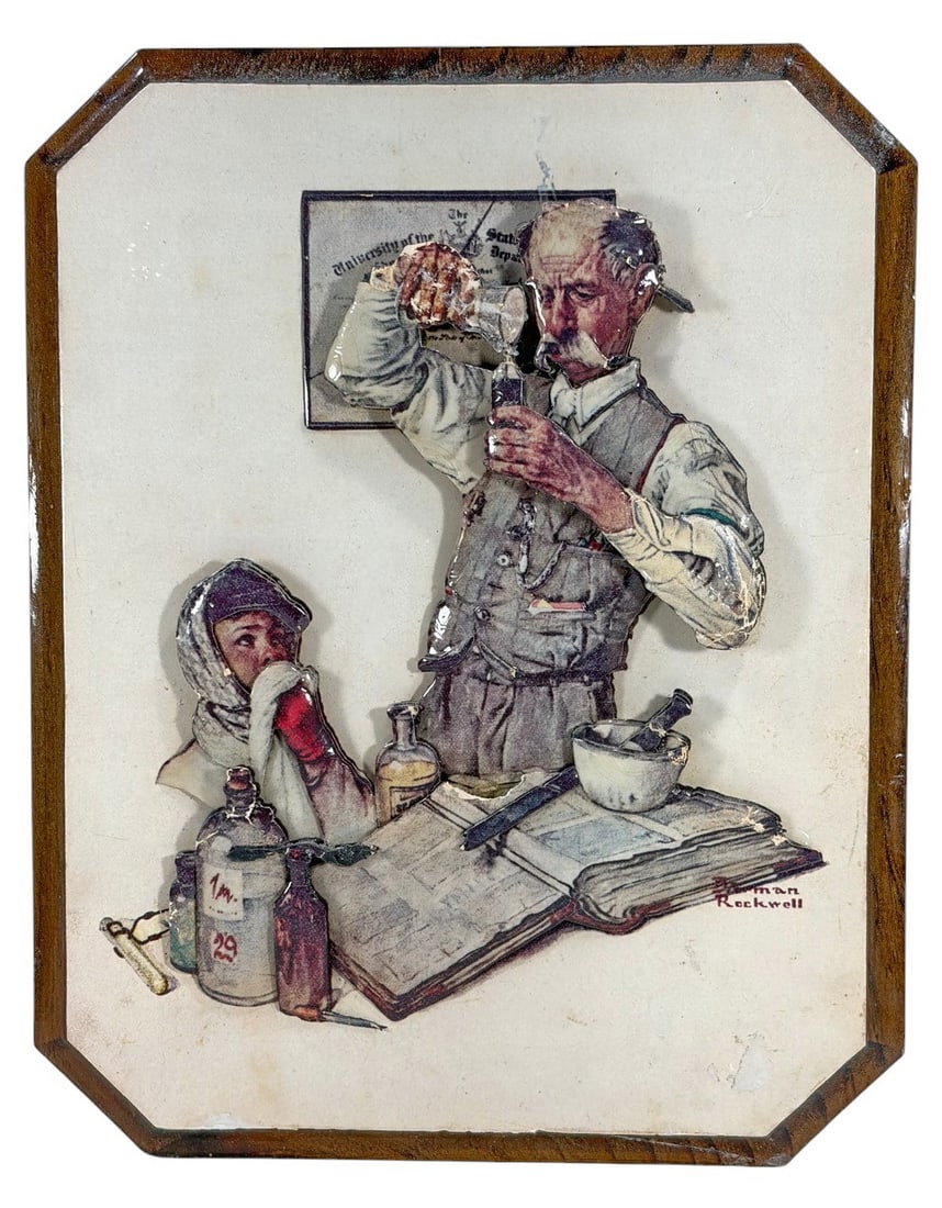 Norman Rockwell The Apothecary 3-D Print: Norman Rockwell (American: 1894 - 1978) dimensional 3-D layered print of 'The Apothecary' on beveled wood plaque, with raised paper relief and printed signature. Sawtooth hanger on back.Dimensions: 9.