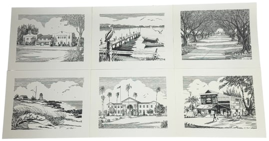 Set of Six M.E. Elliot Florida Landmark Monotypes