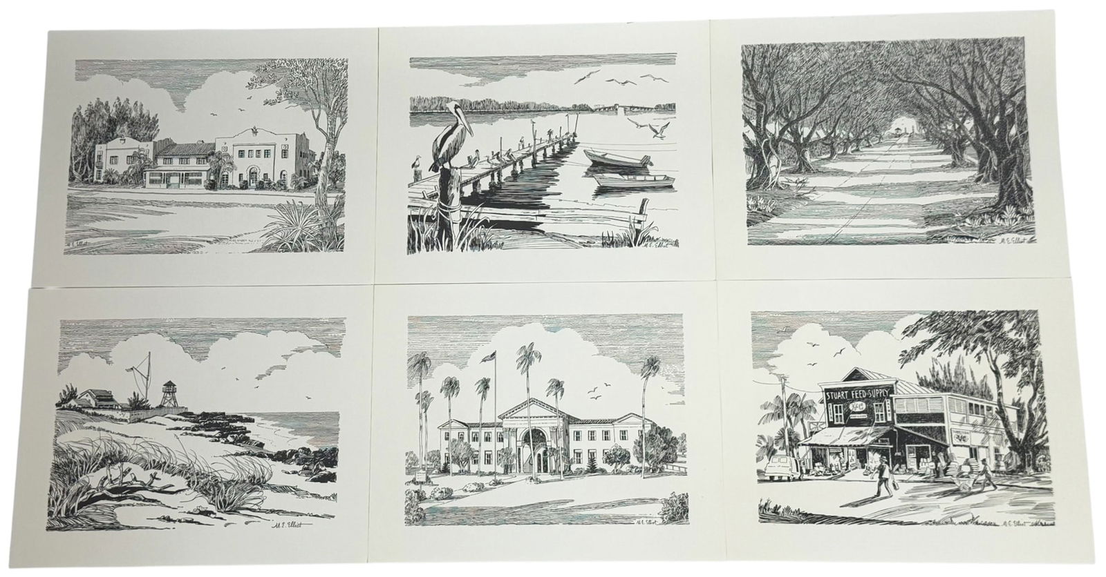 Set of Six M.E. Elliot Florida Landmark Monotypes (1 of 8)