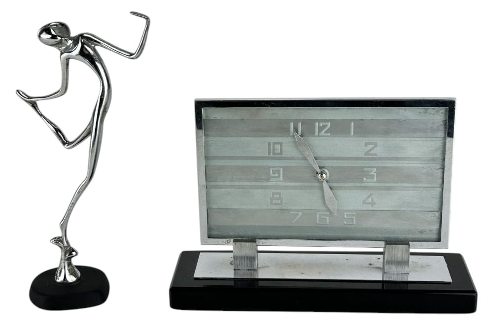 Art Deco Desk Clock & Chrome Figural Dancer 2p LOT (1 of 6)