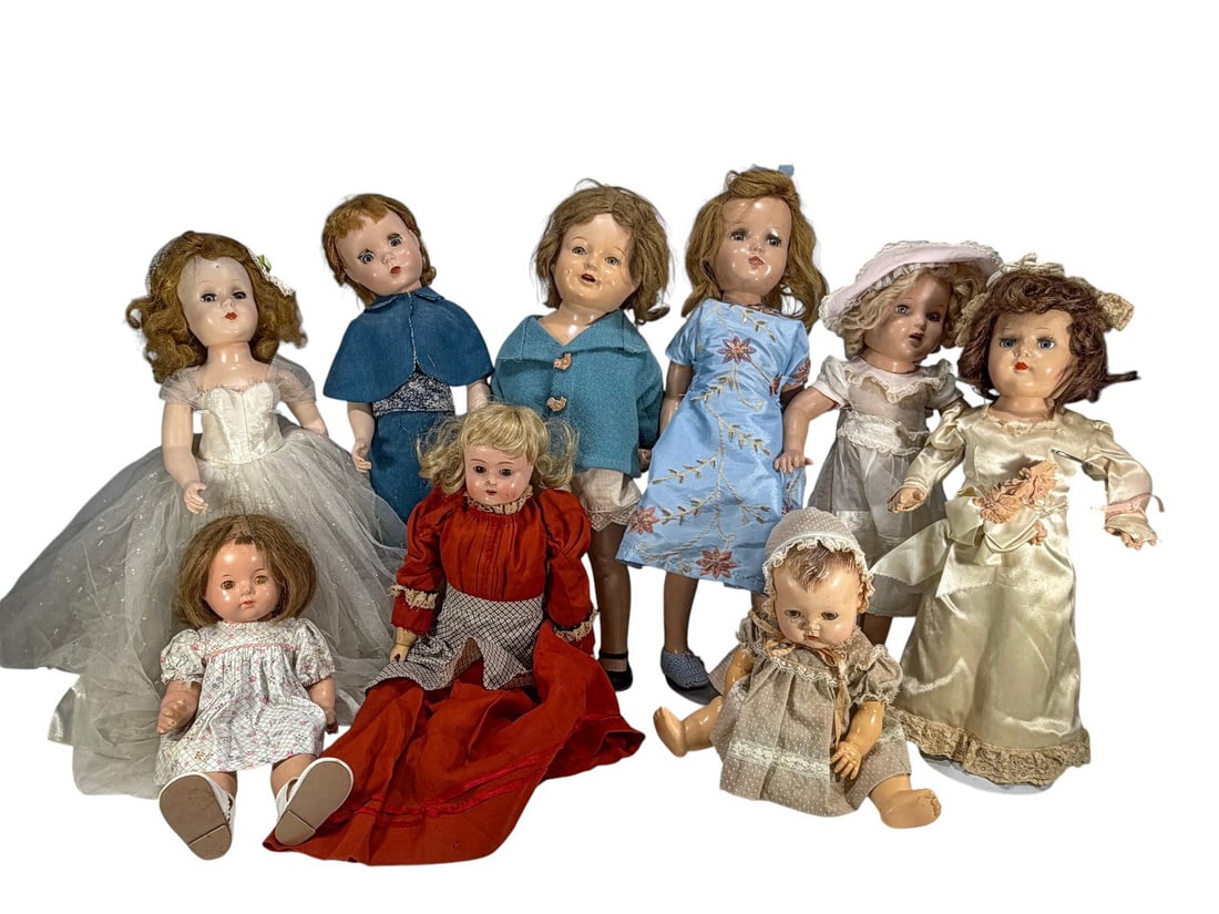 Dionne France, Rosebud, Ame & Others Dolls 9pcs: Group of nine character dolls including Dionne Quintuplets, Rosebud, and Ame examples, in assorted mid-20th century styles and outfits. The largest measures approximately 21 inches tall by 6.25