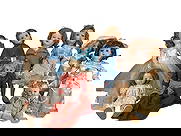 Dionne France, Rosebud, Ame & Others Dolls 9pcs: Group of nine character dolls including Dionne Quintuplets, Rosebud, and Ame examples, in assorted mid-20th century styles and outfits. The largest measures approximately 21 inches tall by 6.25