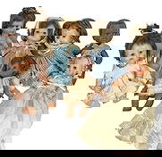 Alexander Doll Co, Effanbee & Shindana Dolls 7pcs: Mixed group of seven vintage baby and toddler dolls by Alexander Doll Company, Effanbee, and Shindana Toys, in assorted styles with original clothing. The largest measures approximately 14 inches