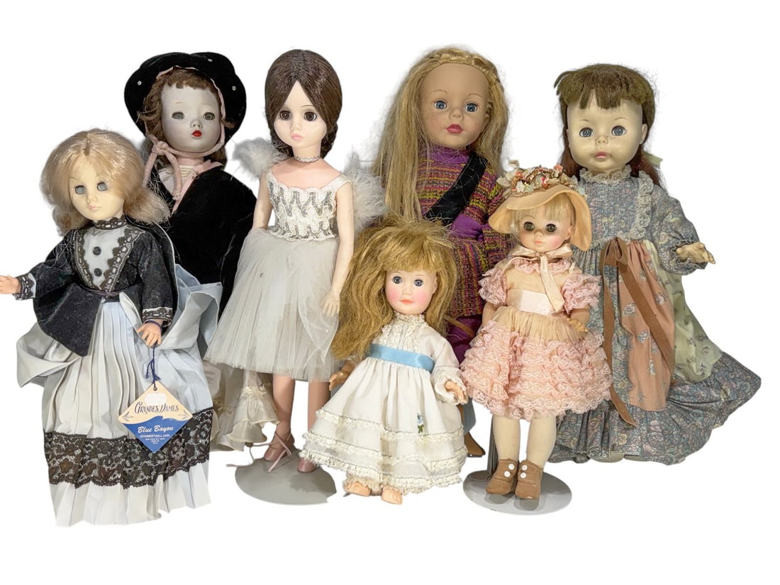 Madame Alexander & Effanbee Dolls 7pc LOT: Lot of seven vintage dolls including Madame Alexander and Effanbee examples, with jointed bodies and assorted original or period clothing. Some retain marks and tags. The largest measures