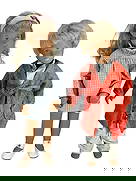 Trendon Ltd Sasha Boy & Girl Dolls 2pc LOT: Trendon Limited pair of Sasha dolls, boy and girl figures, with hand-painted features, rooted hair, and original outfits. The largest measures approximately 17 inches tall by 5 inches wide by 3.5