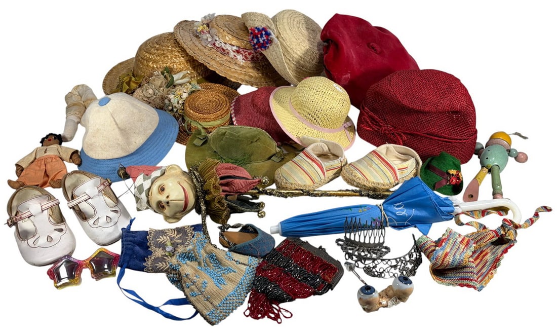 Doll Hats, Shoes & Other Accessories 31pc LOT: Mixed lot of thirty-one vintage doll accessories including hats, shoes, umbrellas, handbags, toys, and assorted doll props. The largest measures approximately 3.25 inches tall by 10.5 inches